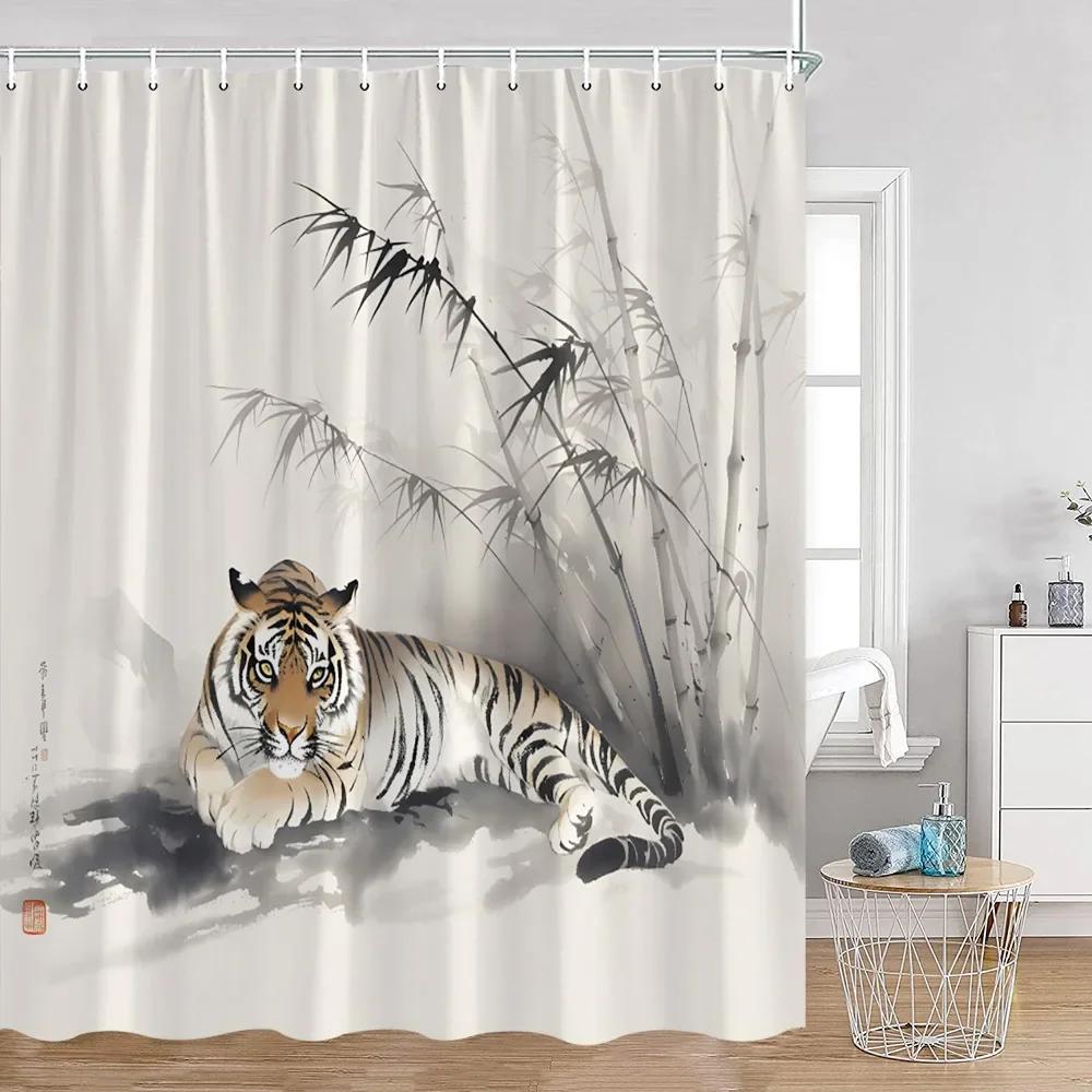 Wild Animals Shower Curtain Tiger Forest Elegant Panther Green Palnts Rose Floral Home Decor for Bathroom Polyester Bath Curtain