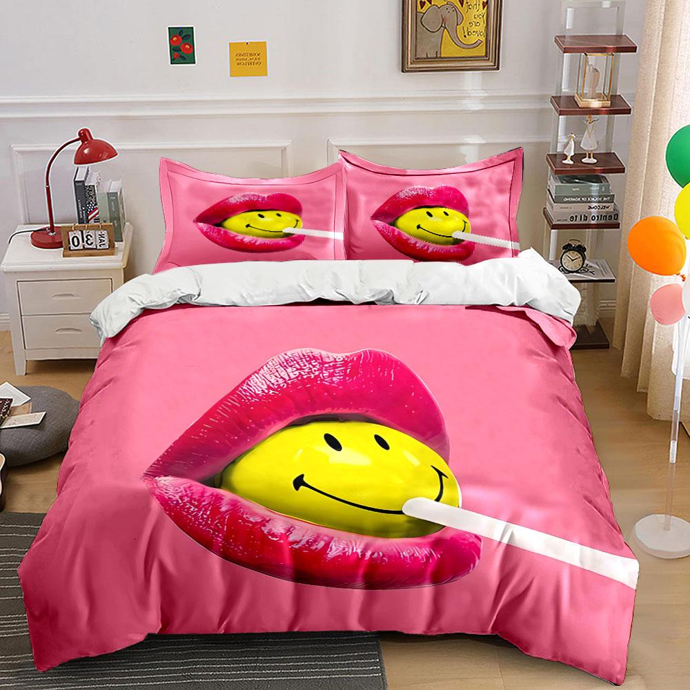 Smiley Lollipop Lips Art Bedding Duvet Cover Set Duvet Cover Pillowcases (1*Duvet Cover 2*Pillowcases, without duvet insert)