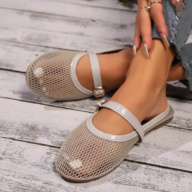Moda 2024 Lato Wysoka Jakość Damskie Buty Modne Siateczkowe Oddychające Klamra Kolor Panterka Płaski Obcas Damskie Sandały z Odkrytymi Palcami