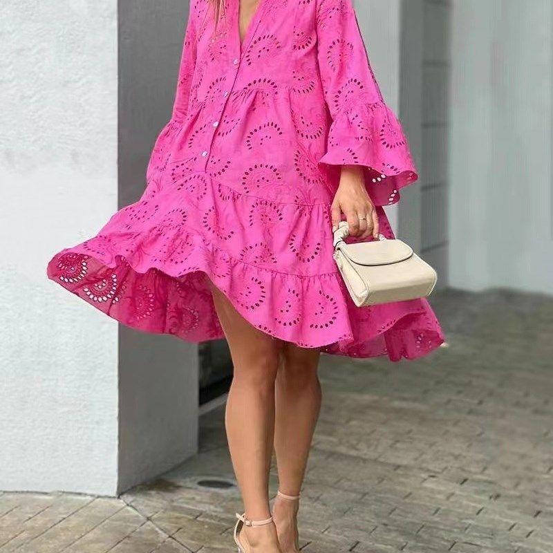 Cross Border Solid V-neck Embroidered Hollow Lace Dress