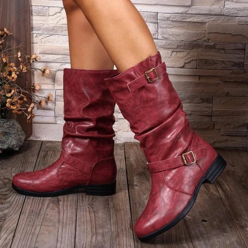 Fashion Shoes Female 2025 New Slip-on Women's Boots Fashion Belt Buckle Modern Boots Women Winter Plus Size Best Seller Mid-Calf Boots