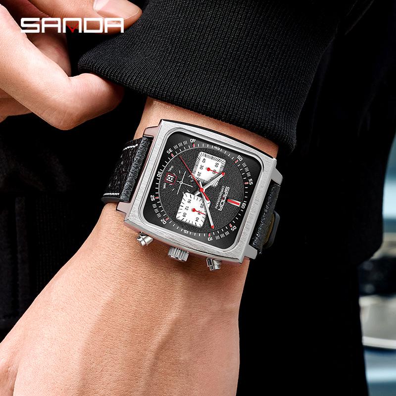 Sanda Men's Chronograph Quartz Watch: Square Dial, Three Eyes, Six Hands, Luminous, Calendar, Waterproof.