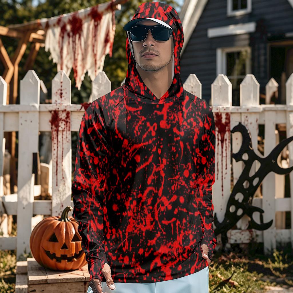 Men's Long Sleeve Hooded T-Shirt Quick Dry Sun Halloween Print for Fishing Gym Outdoor