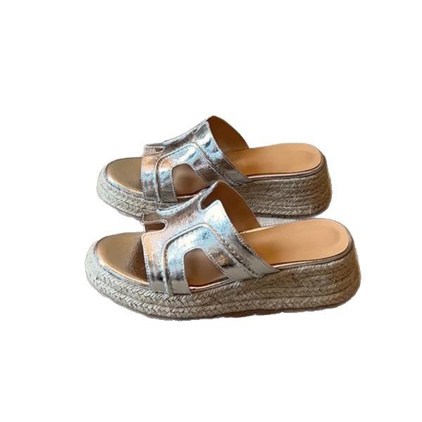 Sheepskin Version~ Genuine Leather Retro Round Head Thick-soled One-word Slippers for Women's Summer Wear Straw Muffin Shoes, High-heeled Cool Slippe