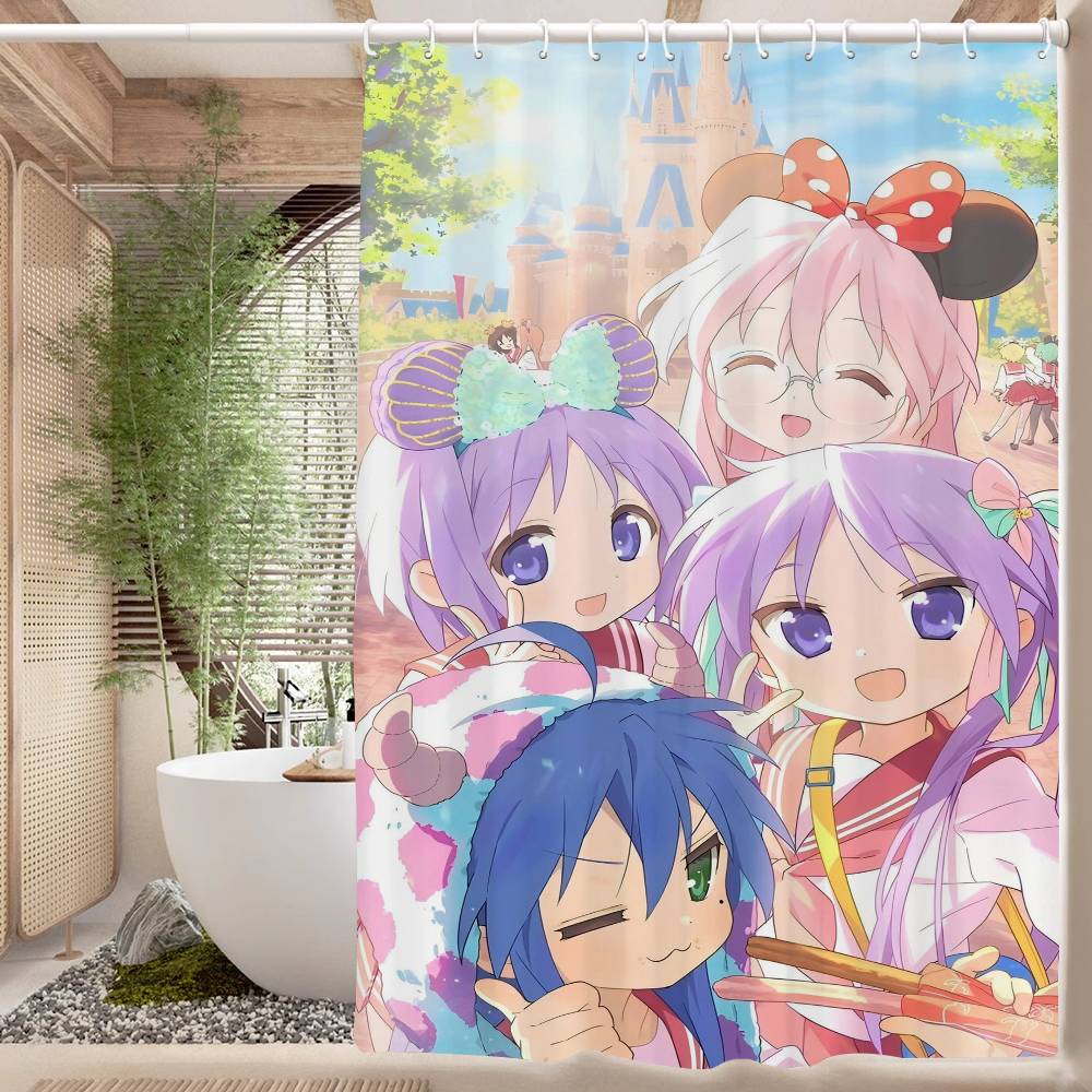 Popular Anime Cute L-Lucky Stars Polyester Shower Curtain Waterproof Rust Resistant Grommet Easy Care Wipe Clean Durable
