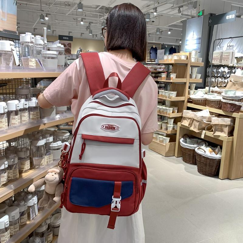 Women Large Capacity Schoolbag Campus Color Block Backpack Multi-Compartment Student Travel Backpack