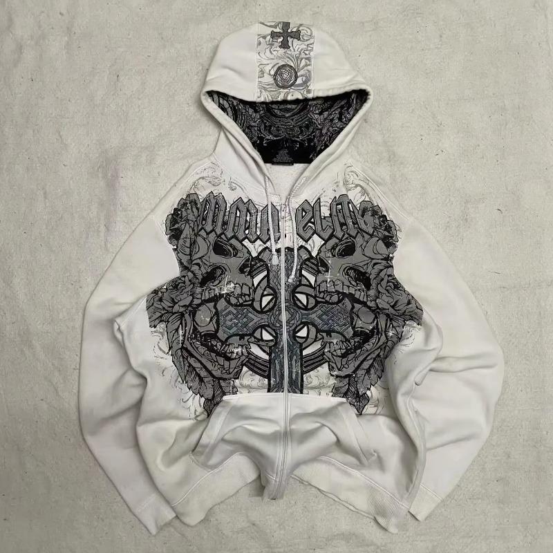 American New Fashion Oversized Pattern Printed Zipper Hooded Sweater Men Gothic Harajuku Hip Hop Popular Couple Hoodies