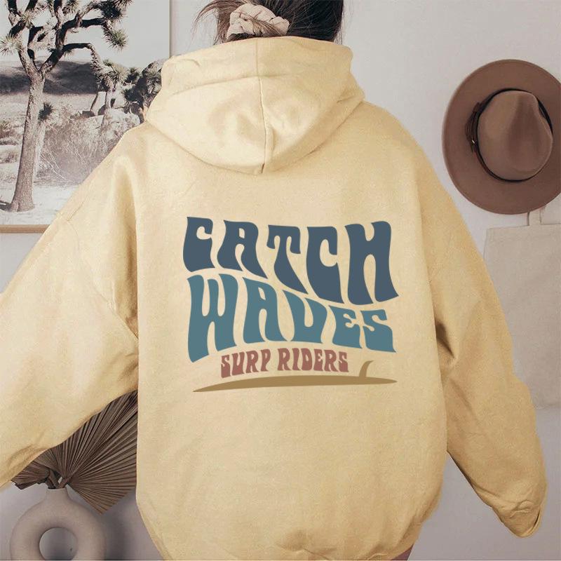 Chtch Waves Surp Riderseuropean And American New Style Letter Printing Fashion Hooded Back Collar Plus Velvet Sweater Women