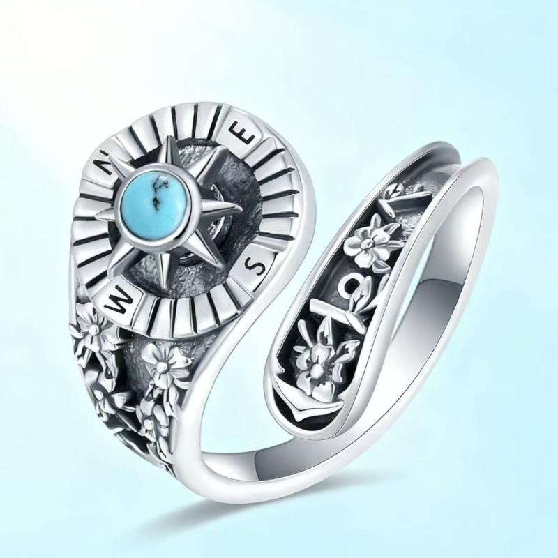 Adjustable Opening Women Vintage Ring Natural Turquoise Gemstones and Compasses Accessory Symbolic Jewelry Gift
