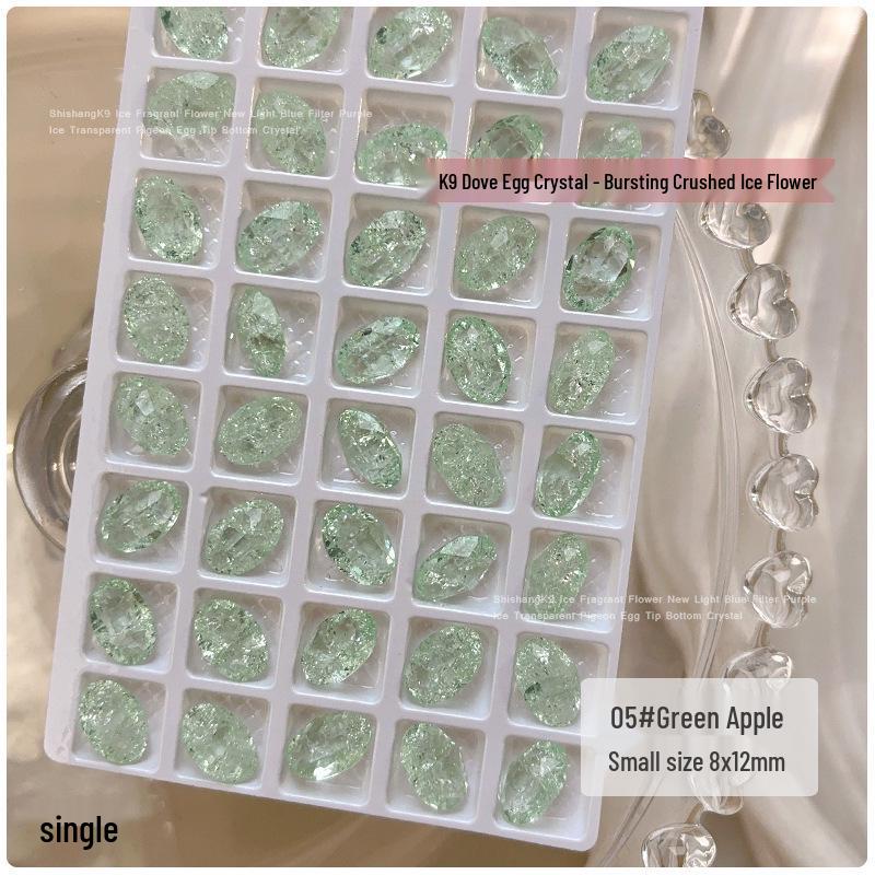K9 Crystal Burst Rhinestone Nail Art Decorations - Light Blue, Fruit Green, Purple, Translucent White, Pointed Back Large Rhinestones.