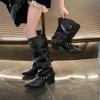 Fashion 2025 New Long-Tube Boots Women's Pointed Toe Block Heel Studded Knight Boots