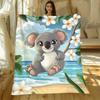 Cute Koala Bear Floating On Beach With Plumeria Flowers Tropical Scene Fleece Blanket Soft Flannel Throw For Kids And Adults