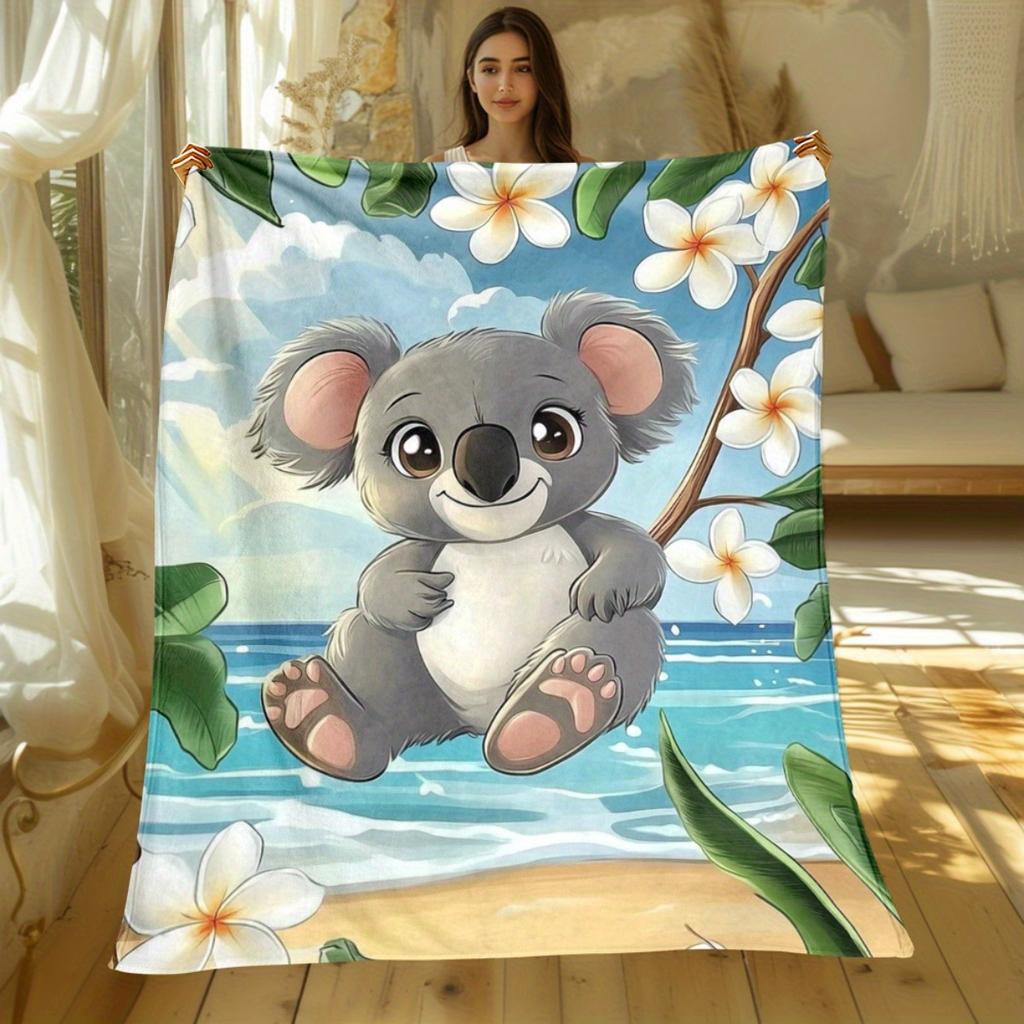 Cute Koala Bear Floating On Beach With Plumeria Flowers Tropical Scene Fleece Blanket Soft Flannel Throw For Kids And Adults