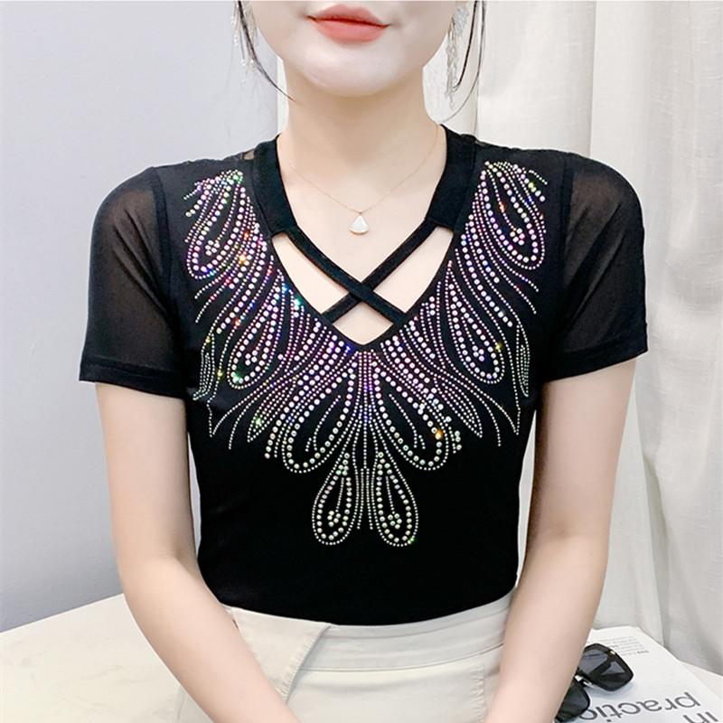 Summer New Cross V-neck Shiny Hot Diamonds T-shirt For Women Slim Short Sleeve Tees Lady Fashion Casual Elastic Mesh Tops