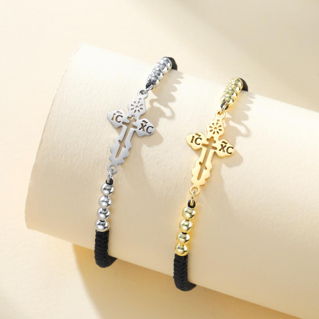 Teamer Charms Croce Ortodossa Bracciale con Catena a Corda Rossa Nera Acciaio Inossidabile Per Donna Uomo Gioielli Gesù Cristo Regalo Nuovo