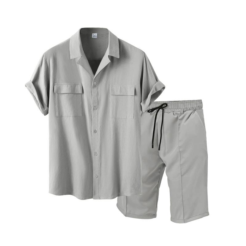 Men's Summer Solid Color Set Youth Lapel Shirt + Shorts Casual Two Piece Set