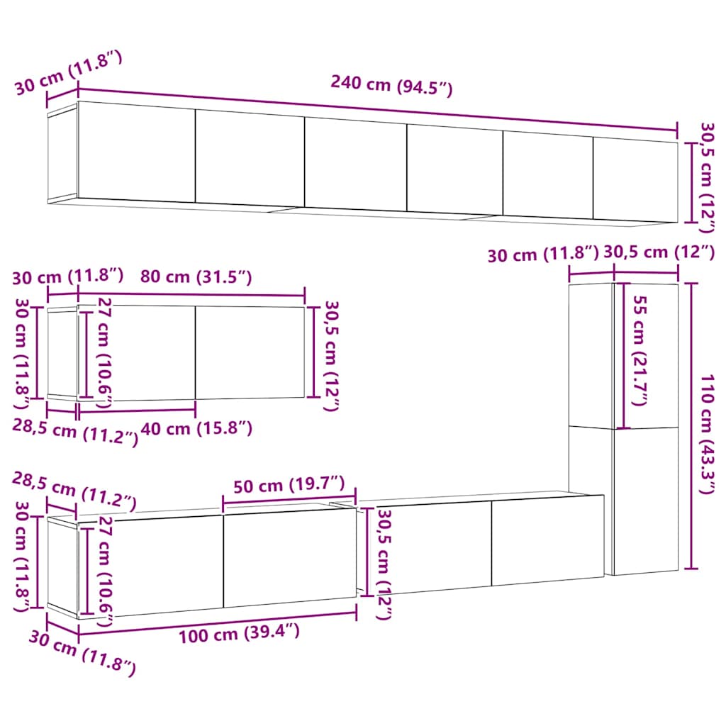 7 Piece TV Cabinet Set Black Oak Effect Particleboard