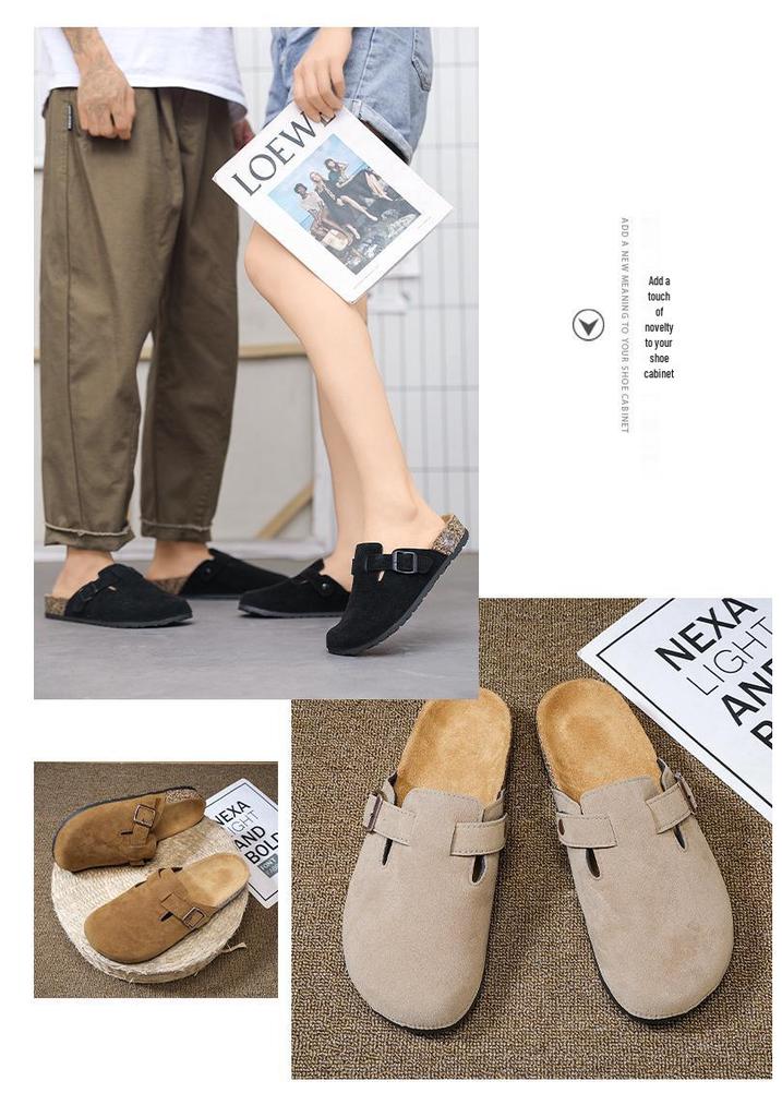 2026 Women's Retro Cowhide Platform Slippers - Half-Open, Soft Sole, Cork Toe Cap, Outdoor Couple's Shoes