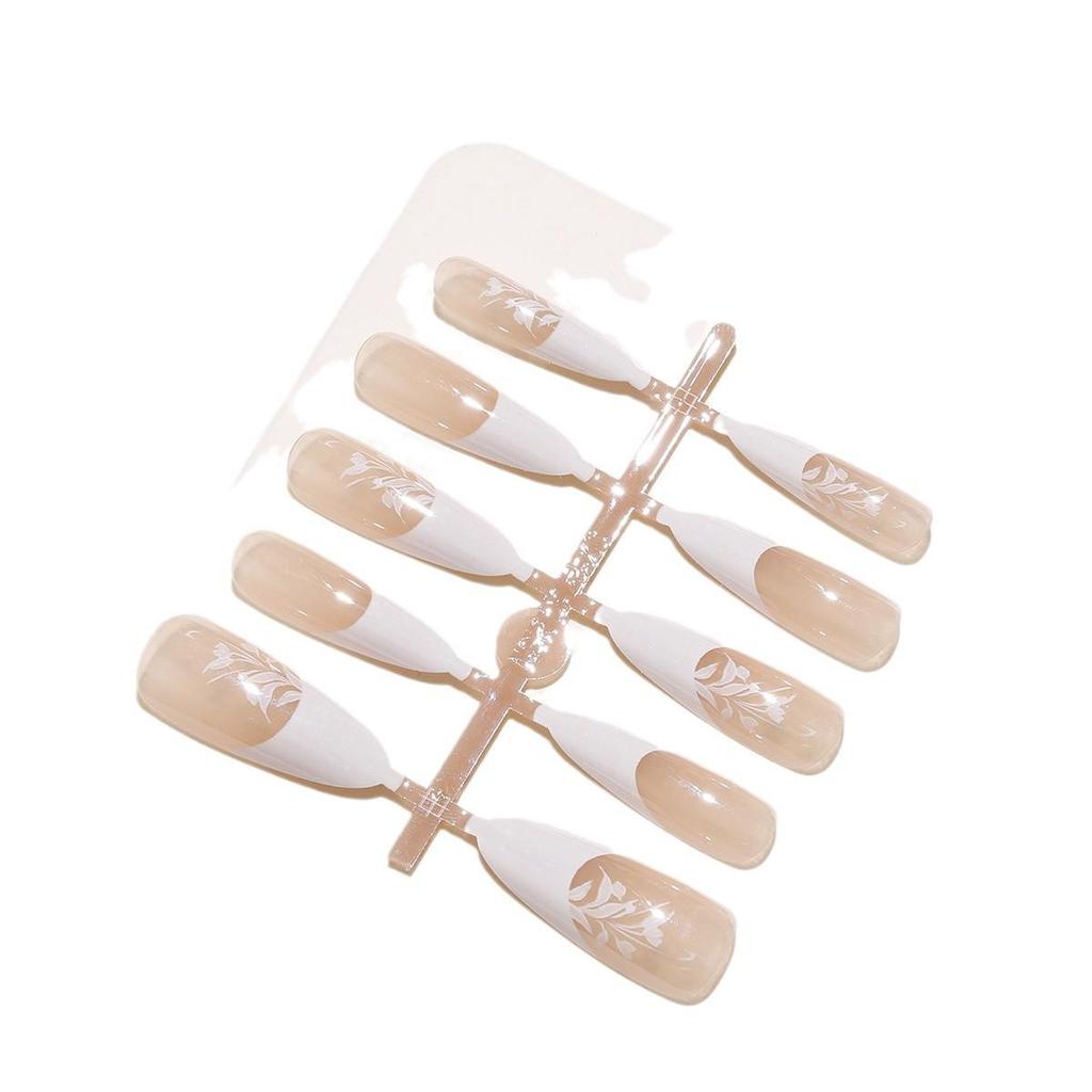 T478 Little Orchid Almond French Long Pre-made Nail Set XS/S/M
