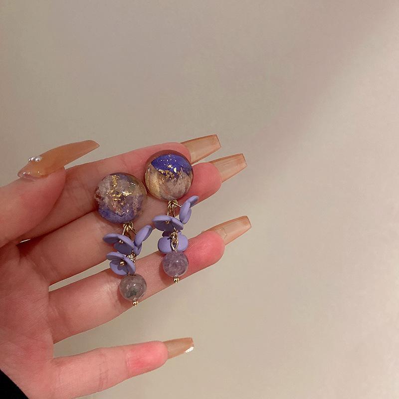 Silver Needle Diamond Pearl Purple Earrings French Retro Niche Design Earrings Light Luxury Premium Earrings