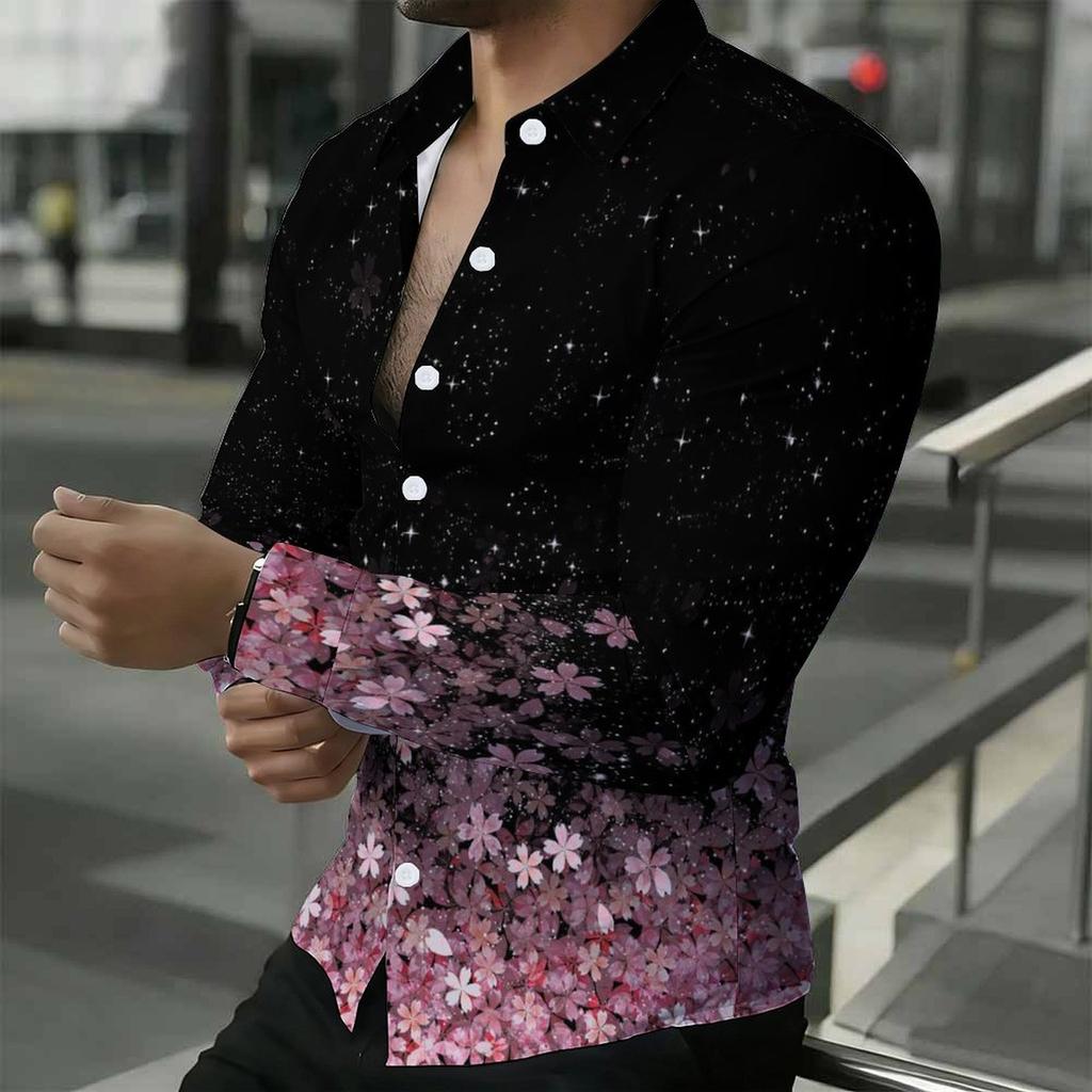 Camisa de Hombre con Cuello Blanco Rosa Estampado Integral de Flores Silvestres Helecho Manga Larga Botones Arriba