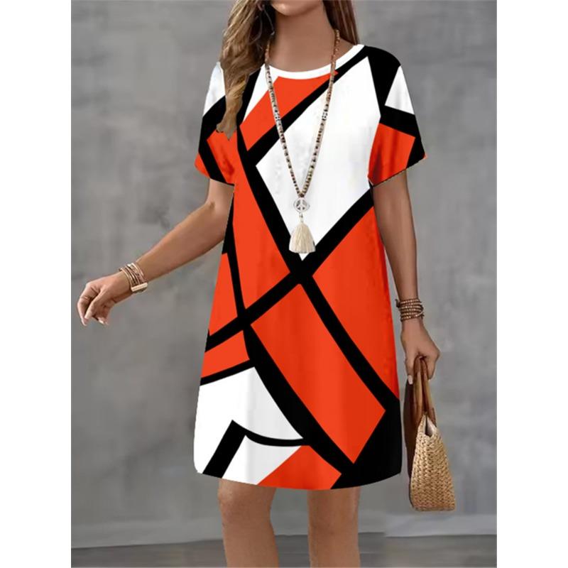 Women Summer Dress Fashionable Style Flower Print Casual Short Sleeved Round Neck A-line Dress Street Style Elegant Mini Dress