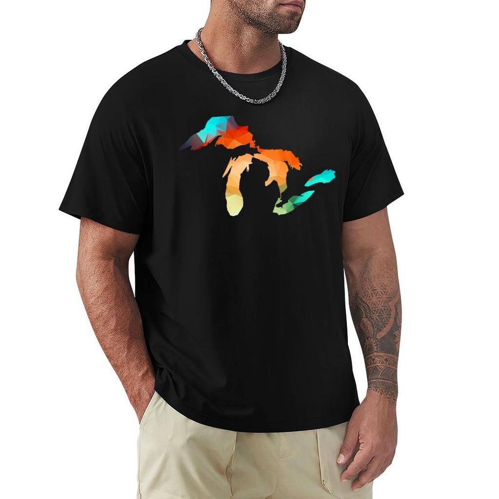 Michigan Great Lakes In Fractal Colors Tshirt Basic Plain Tee For Spring And Summer
