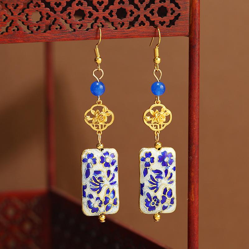 Original design cloisonne earrings women's retro enamel flower square brand earrings medium cheongsam earrings