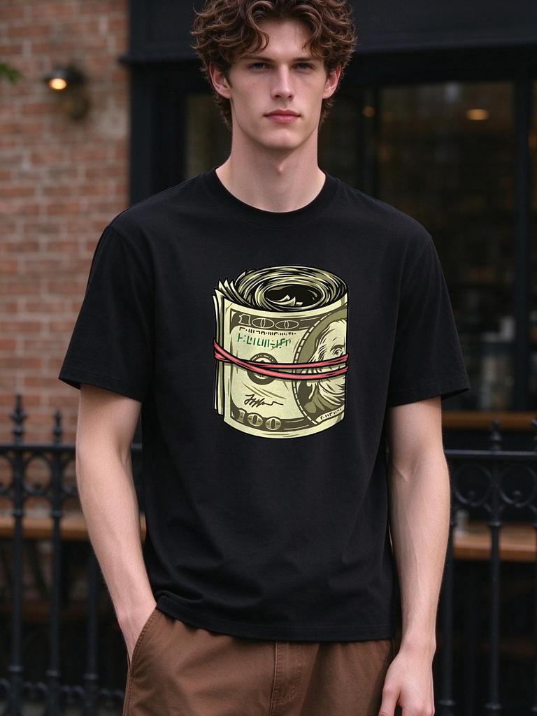 Unisex T-shirt Rolled Dollar Bill Printed Casual Loose Soft Summer Daily Tee Top