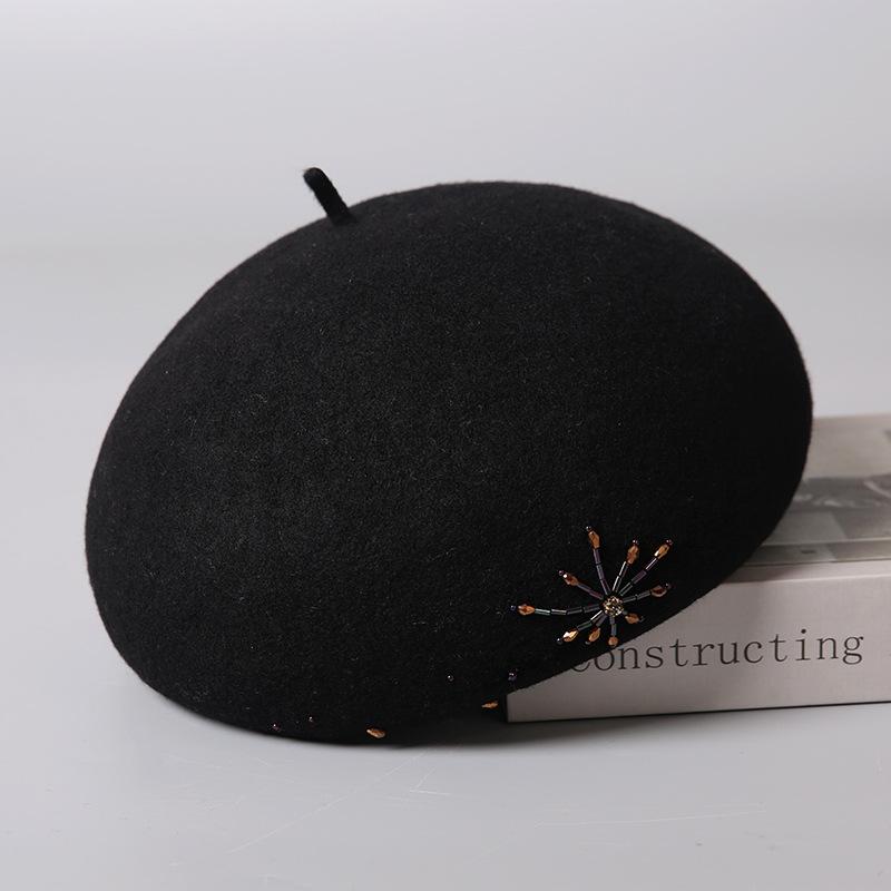 Hat Women's Hat Felt Hat Pure Wool Soft Beret Women's Autumn and Winter Fashion Show Face Small Black Bud Hat