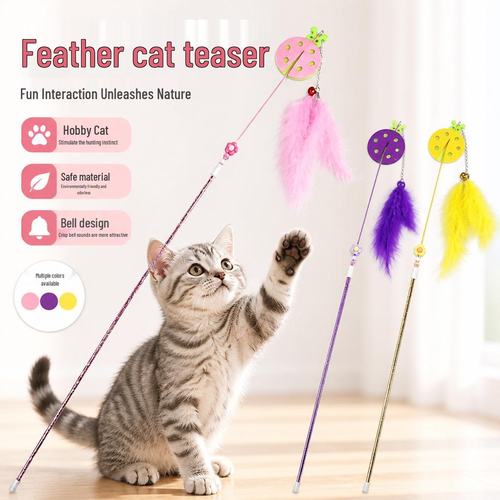Bite-Resistant Feather Cat Teaser with Bell - Long Handle Toy for Self-Entertainment and Boredom Relief
