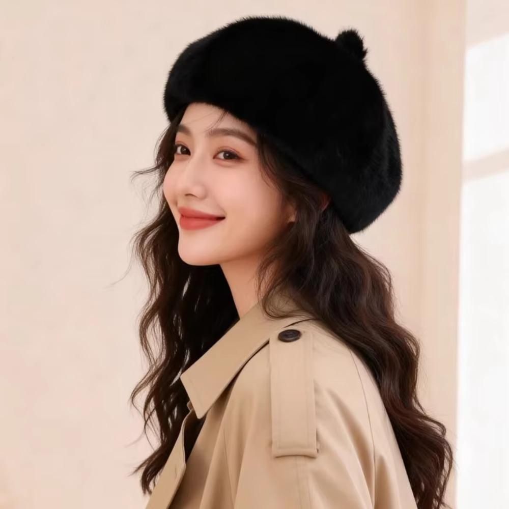 Leopard Print Faux Rabbit Fur Beret Flush Furry Fluffy Plush Beret Octagonal Beanie Cap  Women Girl