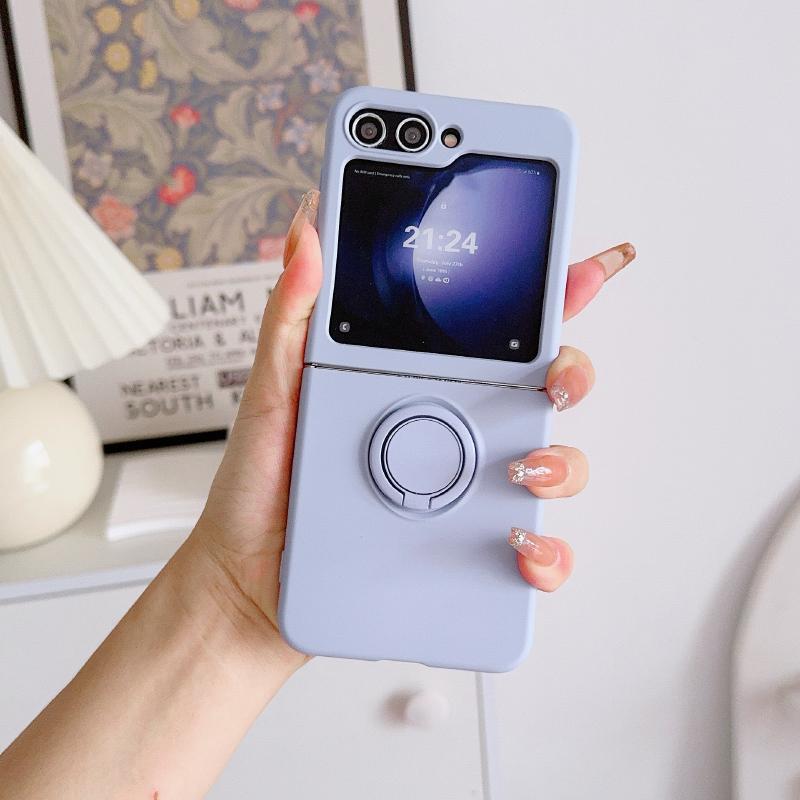 Luxury Solid Color Liquid Silicone 360°Rotating Ring Holder Folding Phone Case For Samsung Galaxy Z Flip 6 5 4 3 Soft Back Cover