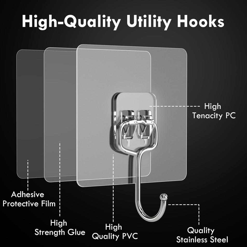 Big Size Hook Self-Adhesive PVC & Stainless Steel Transparent Multi-Purpose Wall Holder Door Rack Kitchen Storage Organizer Home
