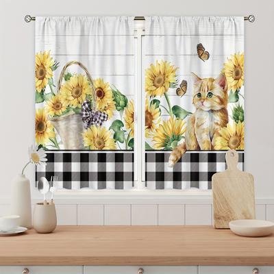 Farmhouse Sunflower Cat Kitchen Curtain,Simple Floral Butterfly Buffalo Plaid, Country Style,Living Room,Bedroom,Home Decor,2Pcs