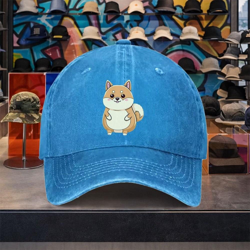 Cartoon Shiba Inu Baseball Cap Distressed Washed Cotton Casual Adjustable Cap for Unisex Travel