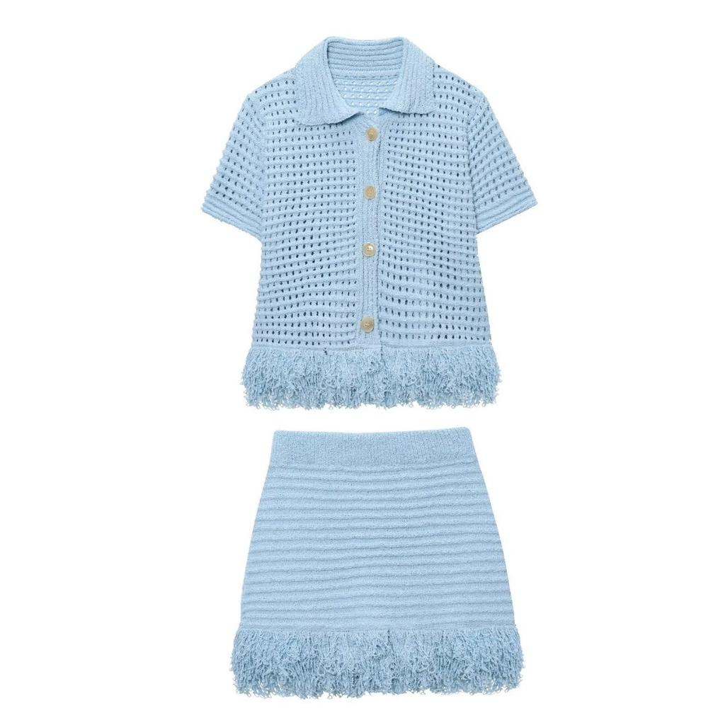 2025 Summer New Style Four-Color Optional Women's Fashion Suit Fringed Plaid Knitted Jacket & Fringed Skirt Suit