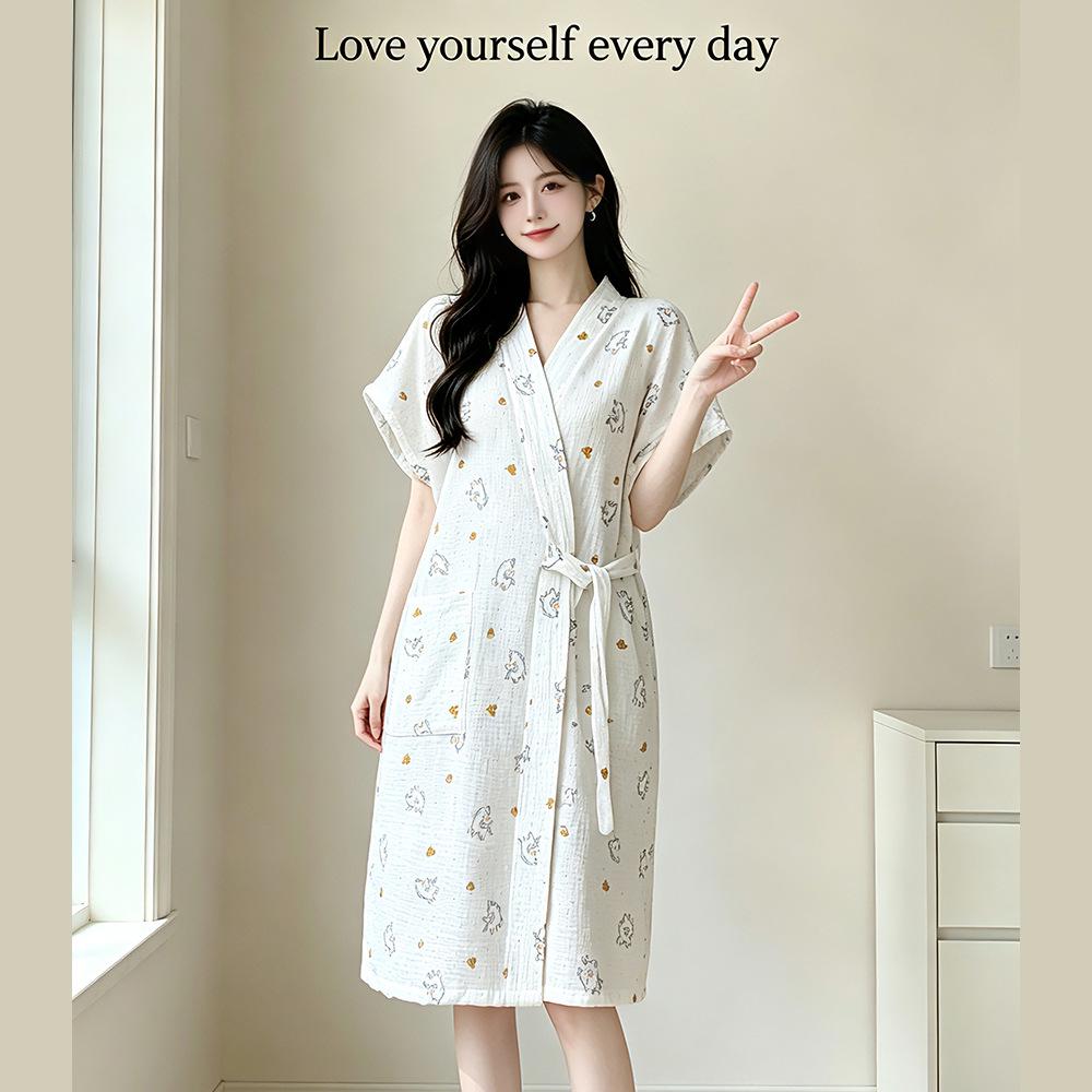 Summer Cotton Gauze Bathrobe and Skirt Pajamas