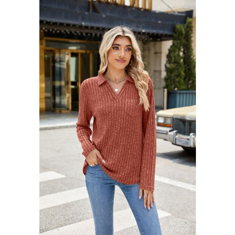 YYFS Women's Fashion Casual Spring Fall Solid Color Print Long Sleeve POLO Neck Blouses & Shirts