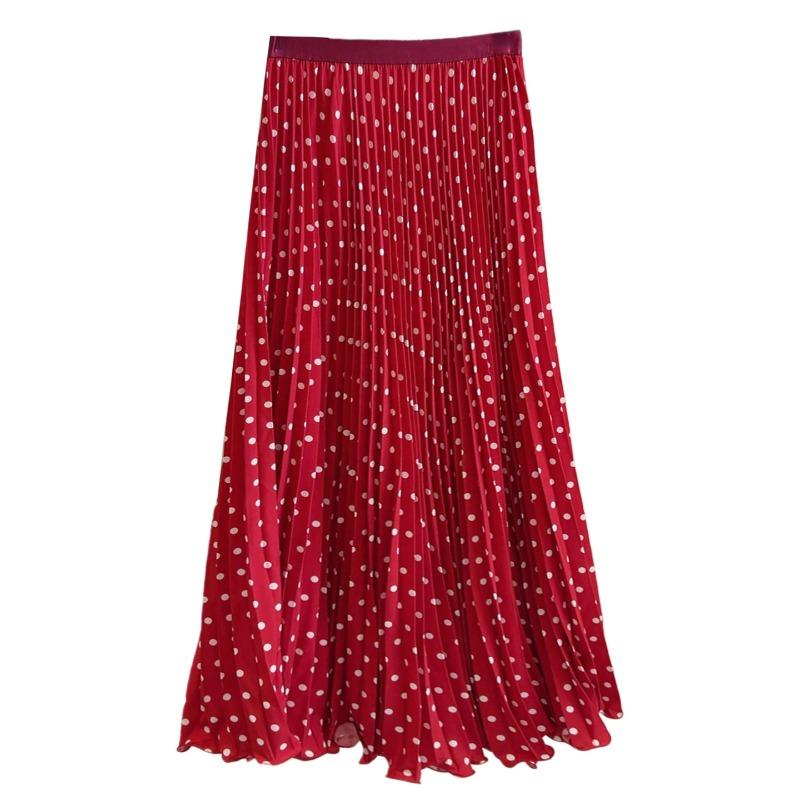 Japanese and Korean temperament red chiffon polka dot pleated skirt spring and summer new high waist and thin lace big pendulum skirt women