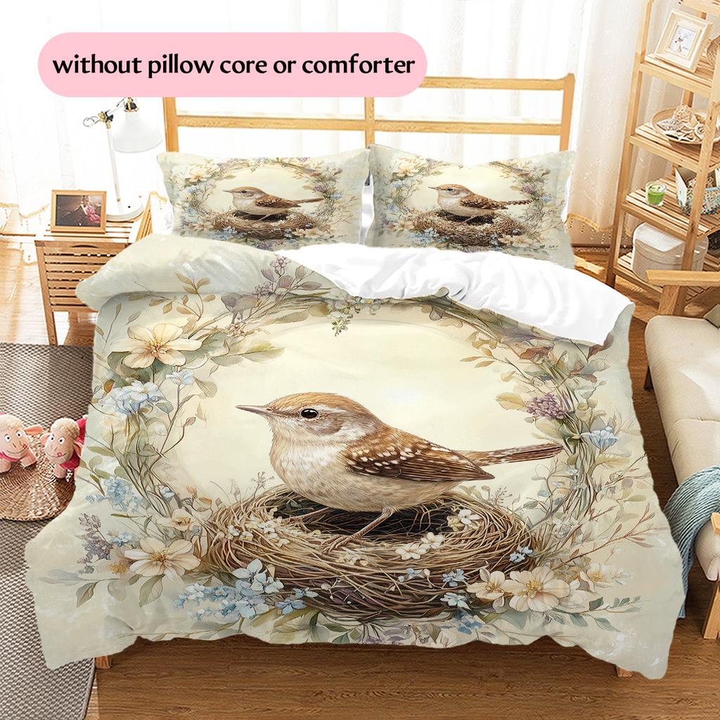Bird's Nest with Flower Wreath  Pattern Bedding Quilt Set  Home Decoration  Gift (1 * duvet cover + 2 * pillowcase, without core)