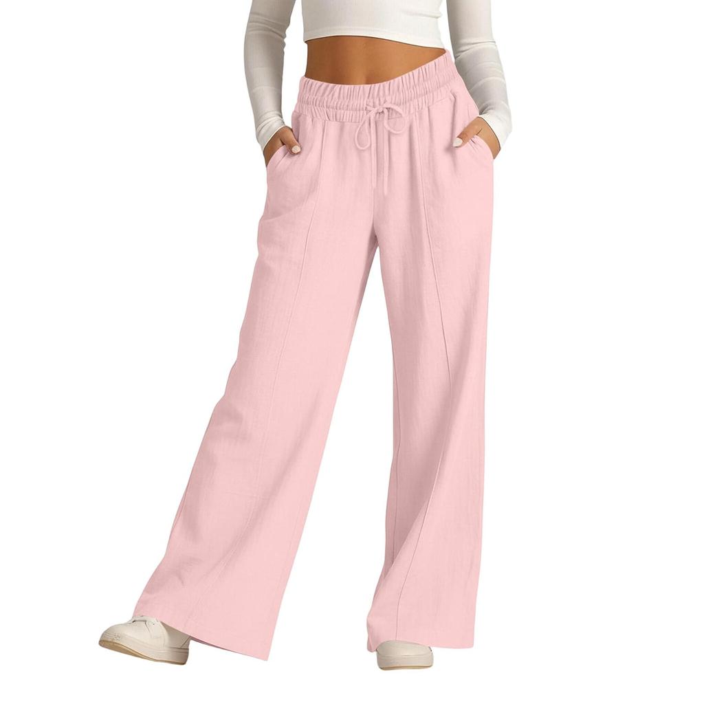 Women's Casual -Color High-Waisted Wide-Leg Drawstring Pants With Pockets