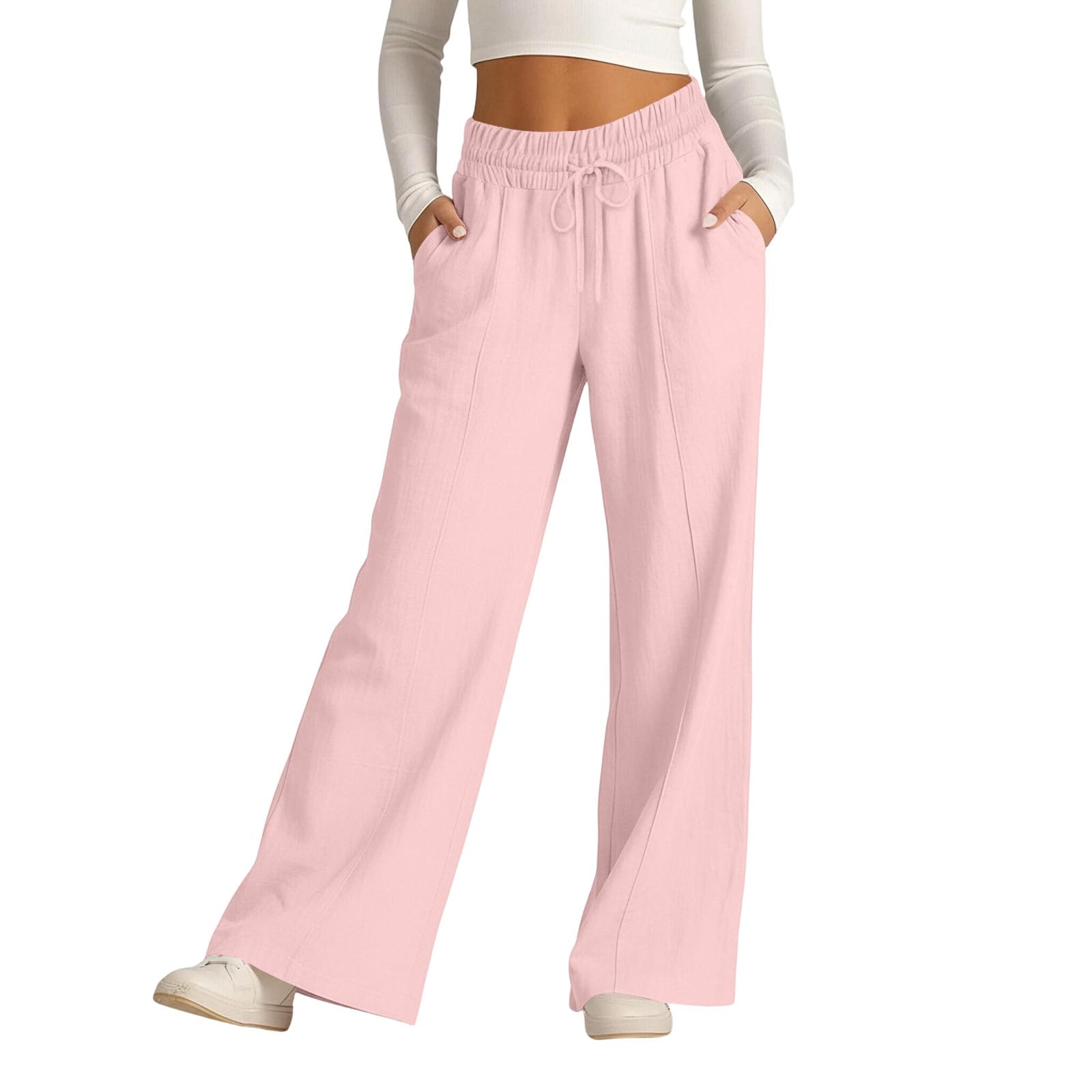 

Women Elastic High Waist Pant Casual Fit Wide Leg Long Pants Trousers With Pockets XL рожевий