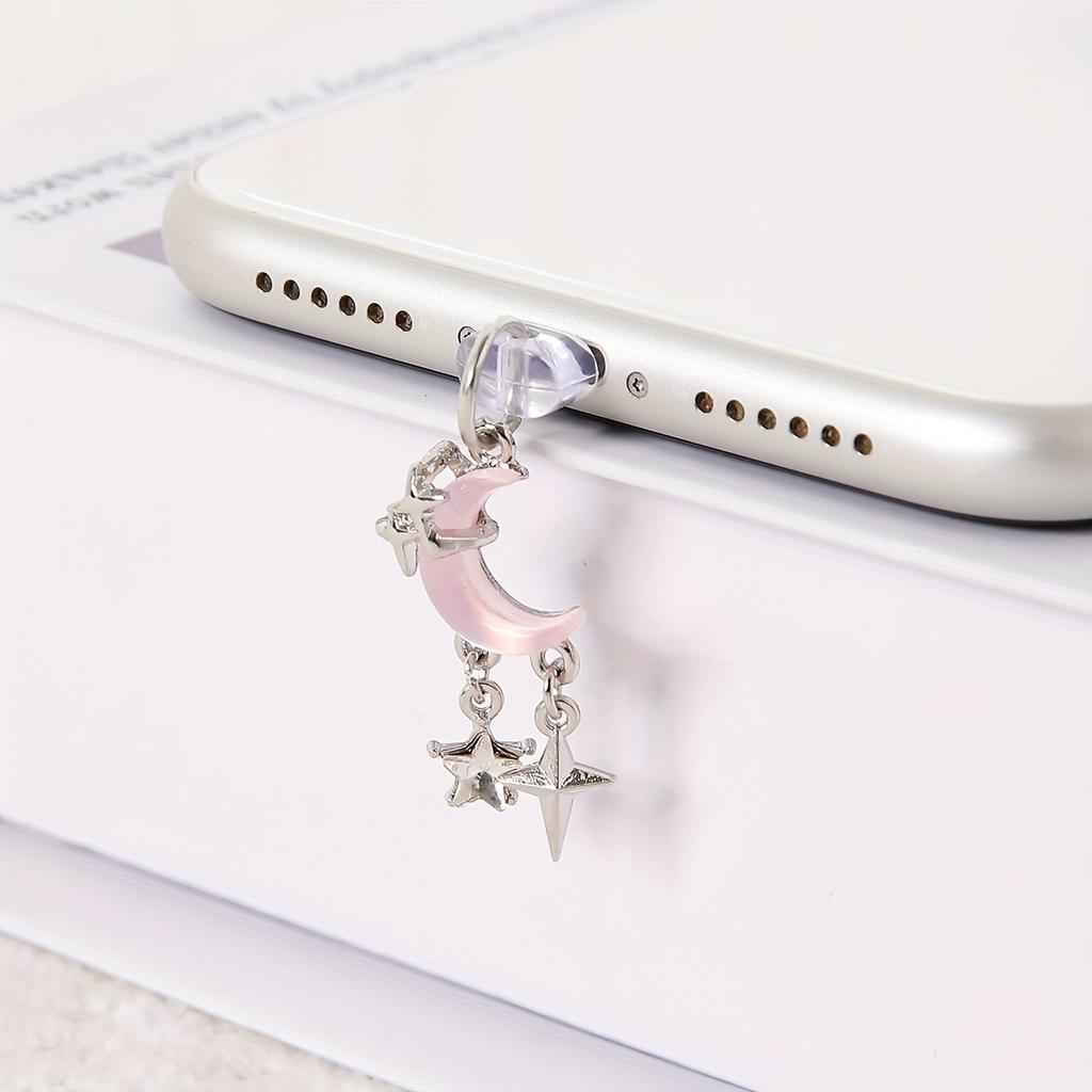 1pc Dreamy Pearl Moon Star Alloy Dust Plug Pendant, Simple Alloy Inlaid Color Moon Dust Plug Pendant, Cute Cartoon Mobile Phone Pendant