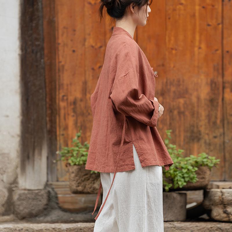 Ramie Sand-Washed Zen Style Hanfu Top – Women's Spring Edition, Cross-Collar, New Chinese Tea Art Design