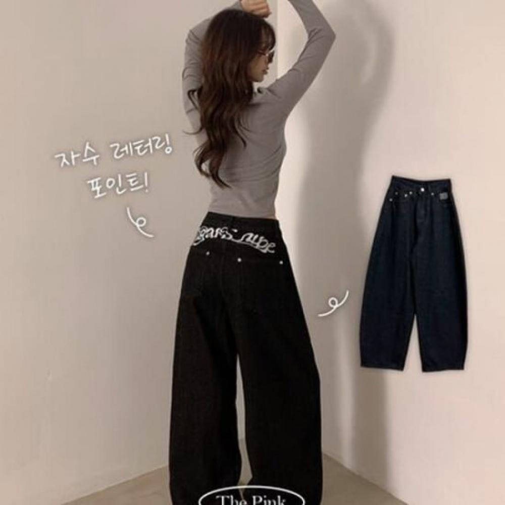 The PiNk Women Lettering Side Embroidery Wide Black Denim Pants Nk Denim 01