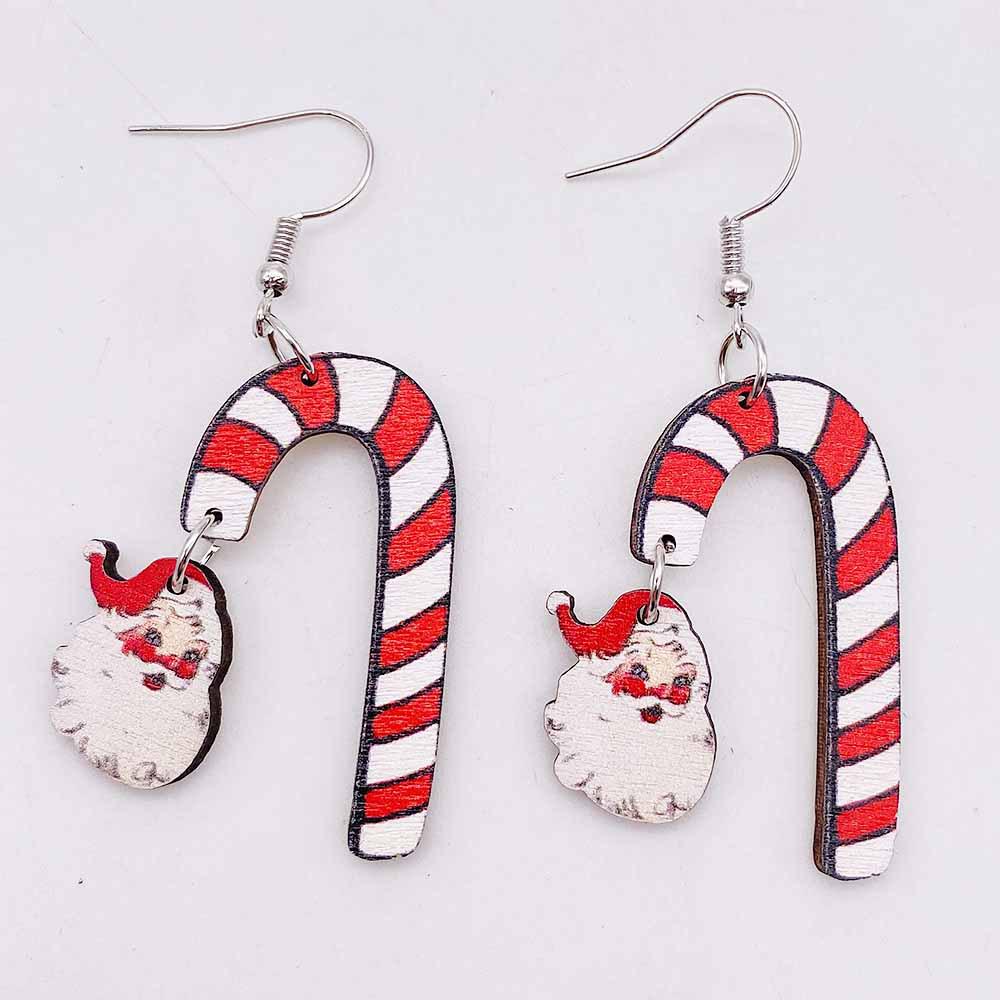 Santa Claus & Snowflake Candy Cane Wood Earrings - Festive Spliced Jewelry for Christmas Eve Parties