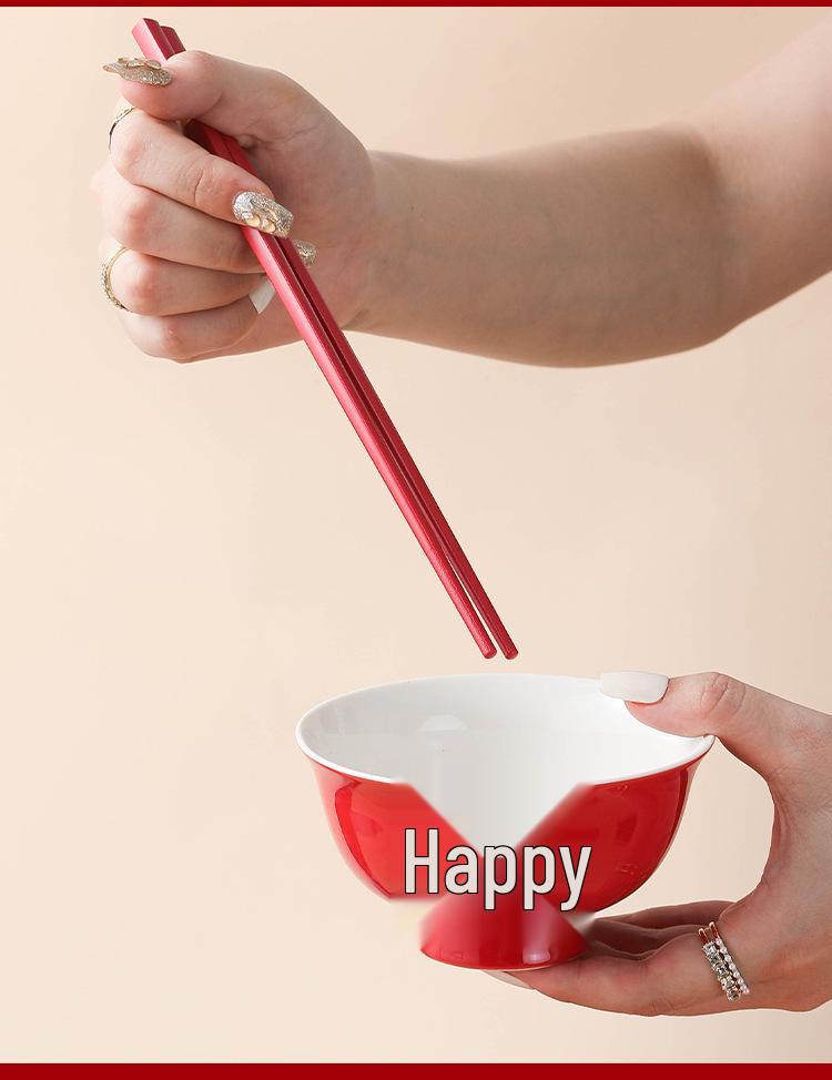 Red Double Happiness Ceramic Tableware Set: Wedding Bowl, Spoon, and Chopsticks Gift
