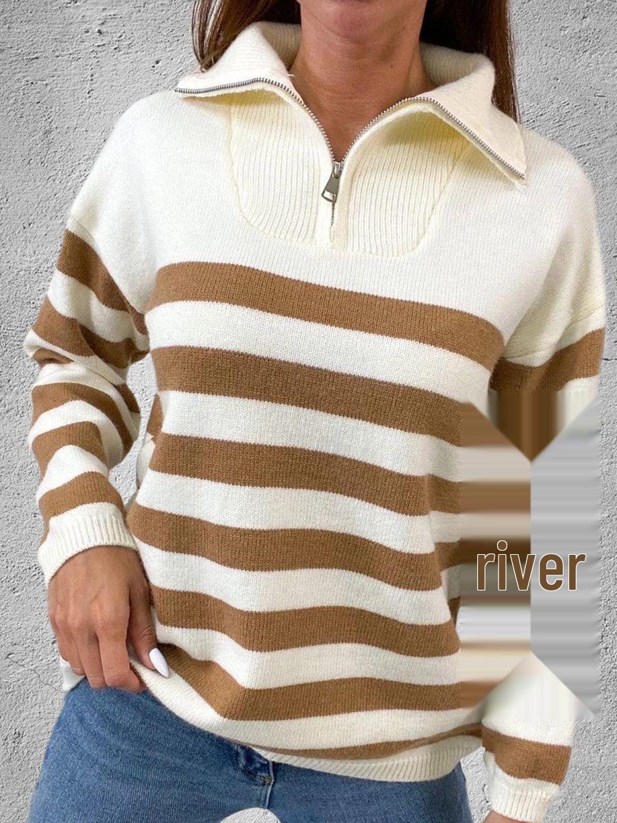 Plus Size Striped Knitted Half-Zip Sweater Coat with Turn-Down Collar Small