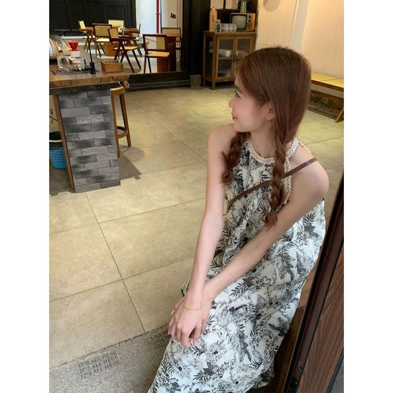 French retro ink painting printing sleeveless neck dress women's summer slim and thin temperament age-reducing medium and long dress